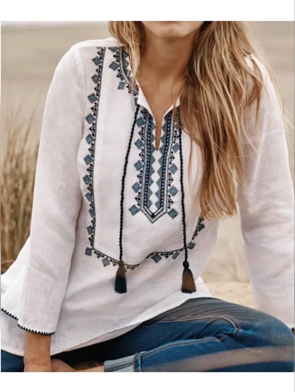 J.jill Love Linen 100% Linen Embroidered Tunic White Navy Swimsuit Cover Tassels